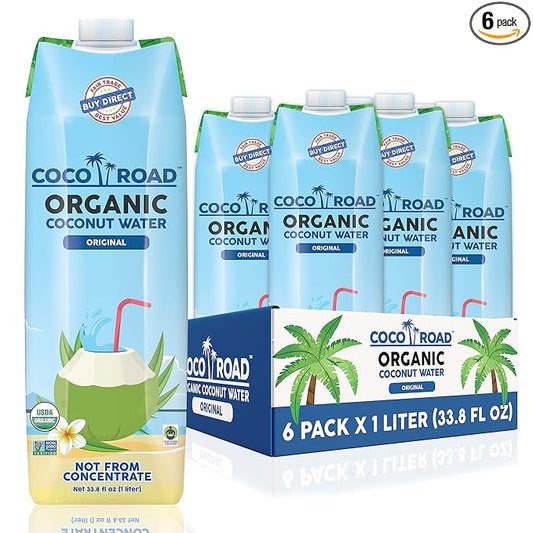 Coco Road Organic & Fair Trade Coconut Water 1L 6 Pack (Pack of 6)