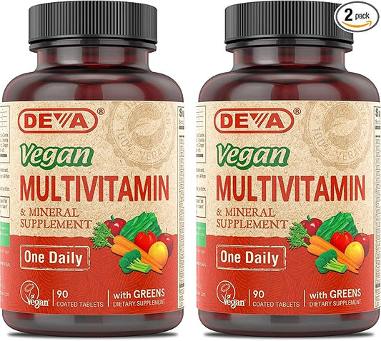 DEVA Vegan Multivitamin & Mineral Supplement with Iron 2-Pack, Spirulina, Chlorella, Ashwagandha, Broccoli & More, 90 Coated Tablets Each