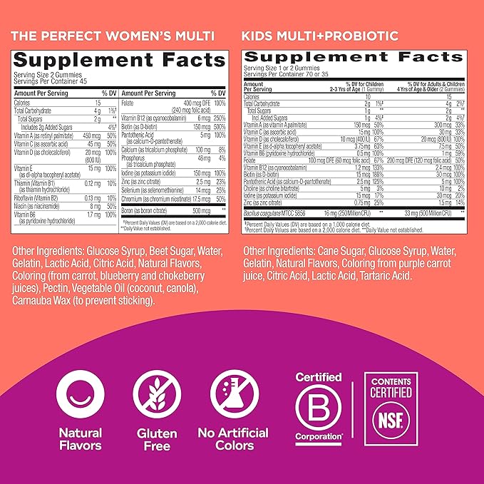 OLLY Gift, Family 2 Pack: Women's Multivitamin Gummy (90 Count), Kids Multivitamin + Probiotic Gummy (70 Count), Vitamins A, D, C, E, B, Chewable Supplement, Blissful Berry, Yum Berry Punch, 160 Count