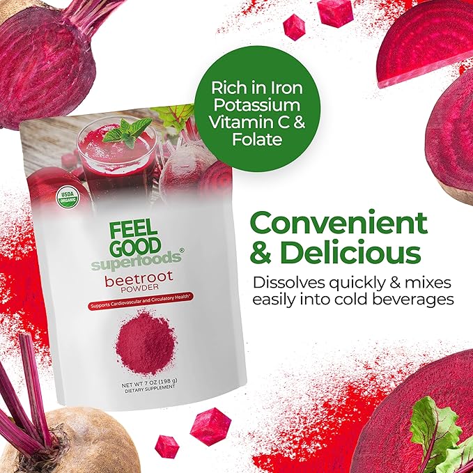 Feelgood Superfoods Fortified Organic Beetroot Powder - Nitric Oxide Booster for Cooking and Smoothies - Pure Beets with 10:1 Beet Root Extract - Supports Cardiovascular and Circulatory Health - 7 oz