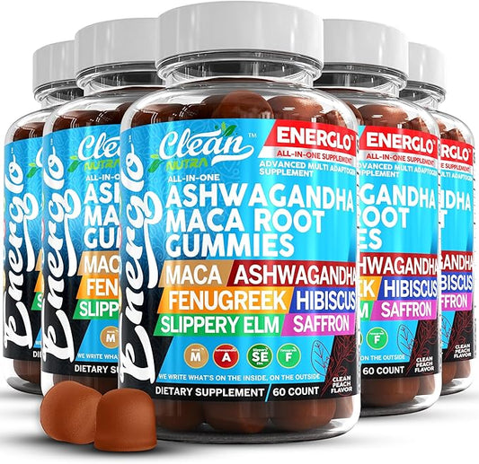 Ashwagandha Maca Root Gummies with Fenugreek Hibiscus Slippery Elm Saffron Extract & Beta Carotene | Peach Flavor Vegan Gummy Vitamins Adaptogen Cortisol Supplement Energlo by Clean Nutra (5)