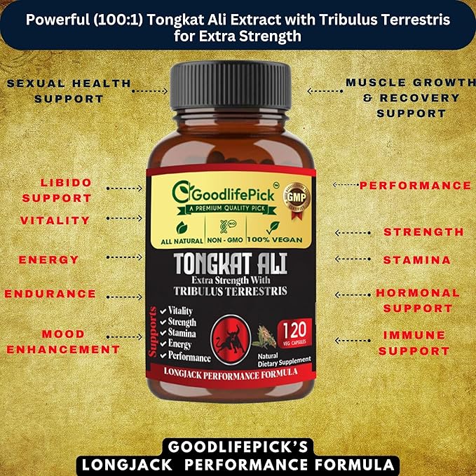 Extra Strength Tongkat Ali with Tribulus Terrestris. Powerful (100:1) Longjack/Tongkat Ali Extract. 120 Veg Capsules Tongkat Ali for Men.All Natural, Non-GMO,Vegan, No Stearate, No Rice Powder