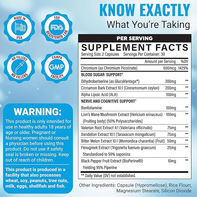 Super berberine 200mg Dihydroberbeine (GlucoVantage®) with 10:1 Ceylon Cinnamon, Alpha lipoic, Benfotiamine,10:1 Lions Mane Mushroom, Fenugreek, Chromium, Bitter Melon and others for your health.