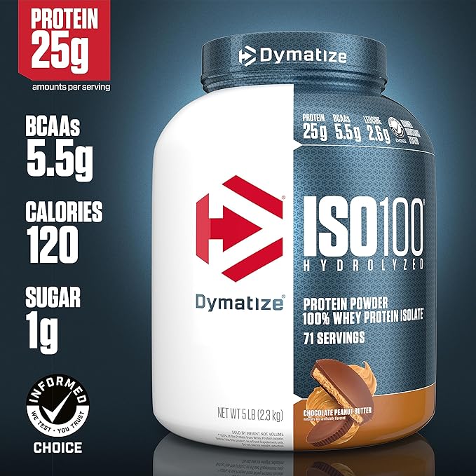 Dymatize ISO100 Whey Protein Powder Isolate, Chocolate Peanut Butter, 25g of Protein, 5 Pound, 5.5g BCAAs, Less Than 120 Cal., Gluten Free, 1g Fat, 1g Sugar, 2g Carb