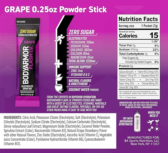 BODYARMOR Flash IV Electrolyte Packets, Grape - Zero Sugar Drink Mix, Single Serve Packs, Coconut Water Powder, Hydration for Workout, Travel Essentials, Just Add Sticks to Liquid (15 Count)