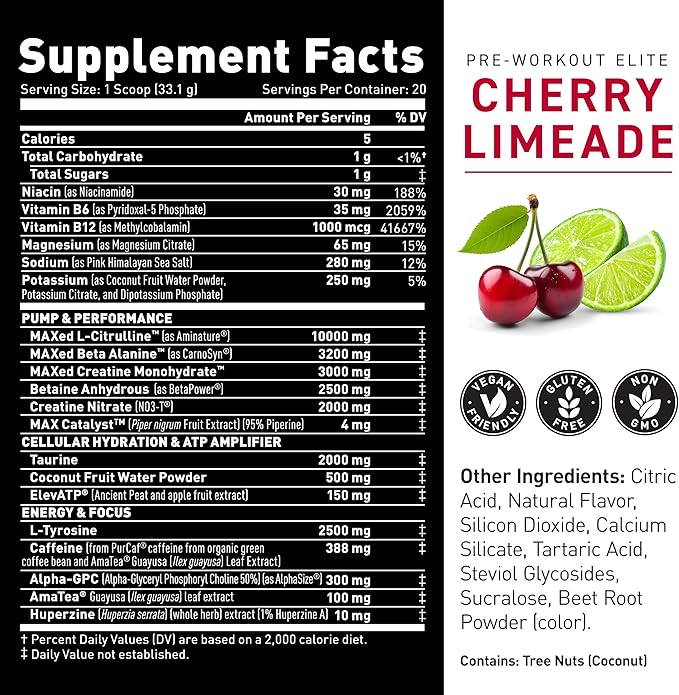 Kaged Pre Workout Powder Pre-Workout Elite for Men & Women, High Stimulant for Energy, Focus, Pumps, L-Citrulline, Beta Alanine, Creatine & 388mg of Organic Caffeine, Cherry Limeade