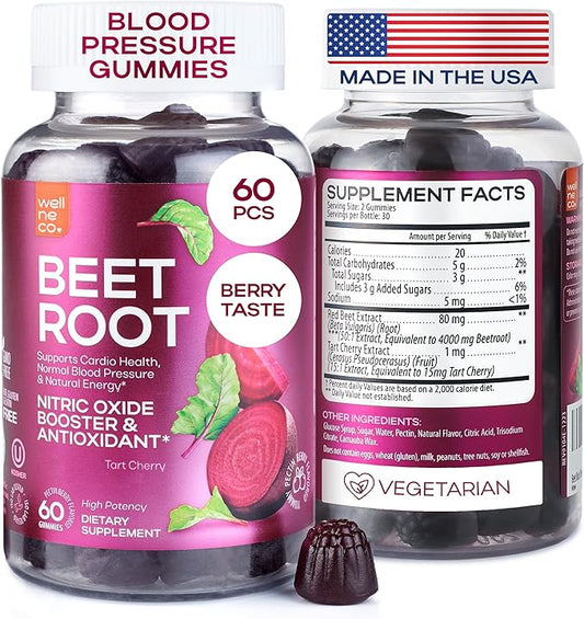 Beet Chews for High Blood Pressure - Beet Root Gummies with Tart Cherry - Nitric Oxide Supplements for Energy, Cardio Health - Vegan, No GMO, Pectin Based - for Women and Men