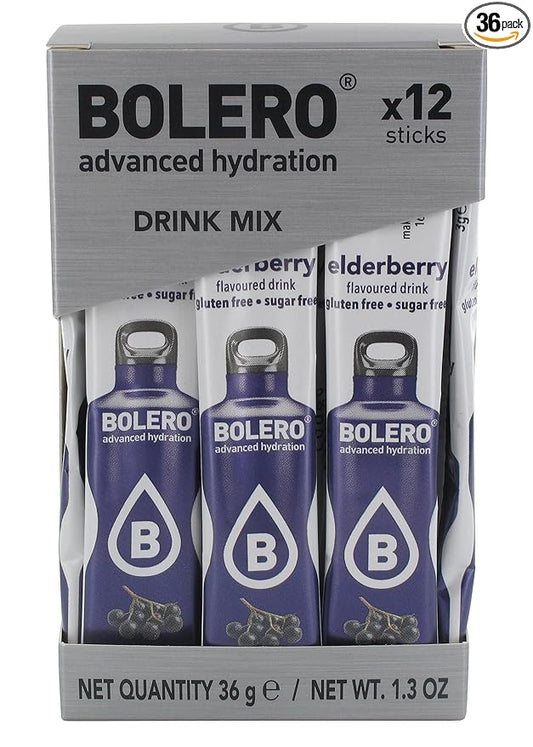 Bolero- Sugar Free Drink Mix Packets Elderberry Fruit Flavors | Powdered Flavored Water Packets | 36 Singles Sticks On The Go Packets