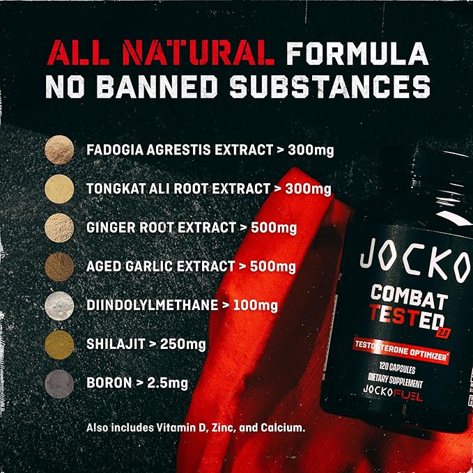 Jocko Fuel Test Booster for Men - Natural Endurance, Stamina, & Strength Booster - Muscle Builder for Men & Nitric Oxide Support with Ginger Root, Shilajit, & Tongkat Ali, 120ct (30 Servings)