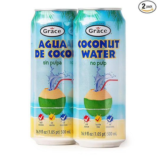 Grace Agua de Coco no Pulp 500ml - 2 Pack - Natural Coconut Water Low Sodium - Gluten Free - No Cholesterol