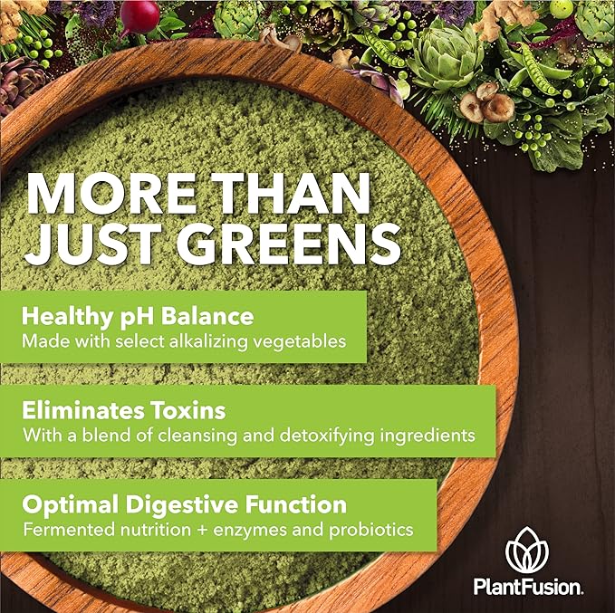 PlantFusion Alkalizing Super Greens Powder - Fermented Greens Superfood Powder Blend with Digestive Enzymes Probiotics & Prebiotic Fiber - Organic, Non-GMO, Vegan, Gluten-Free - 8.46 oz 30 Servings
