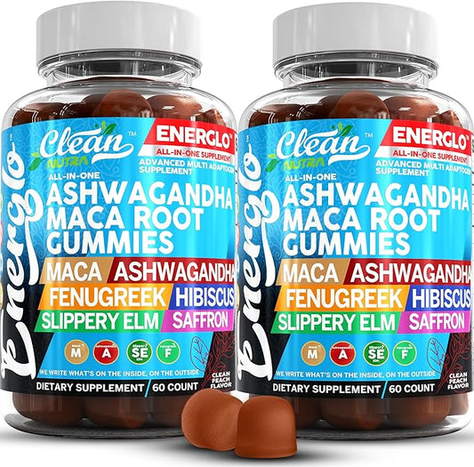 Ashwagandha Maca Root Gummies with Fenugreek Hibiscus Slippery Elm Saffron Extract & Beta Carotene | Peach Flavor Vegan Gummy Vitamins Adaptogen Cortisol Supplement Energlo by Clean Nutra (2)