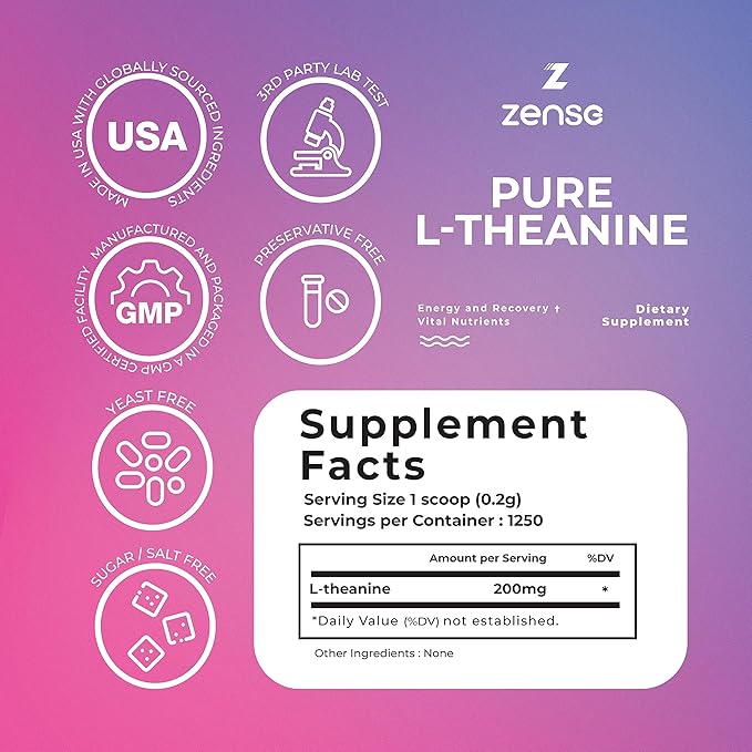 Pure L-Theanine Powder 100% [266gm-1,250 Servings] Natural L-Theanine Supplement - Only 1 Ingredient, Free of Sugar,Soy, Filler, Melatonin, Non-GMO, Vegan
